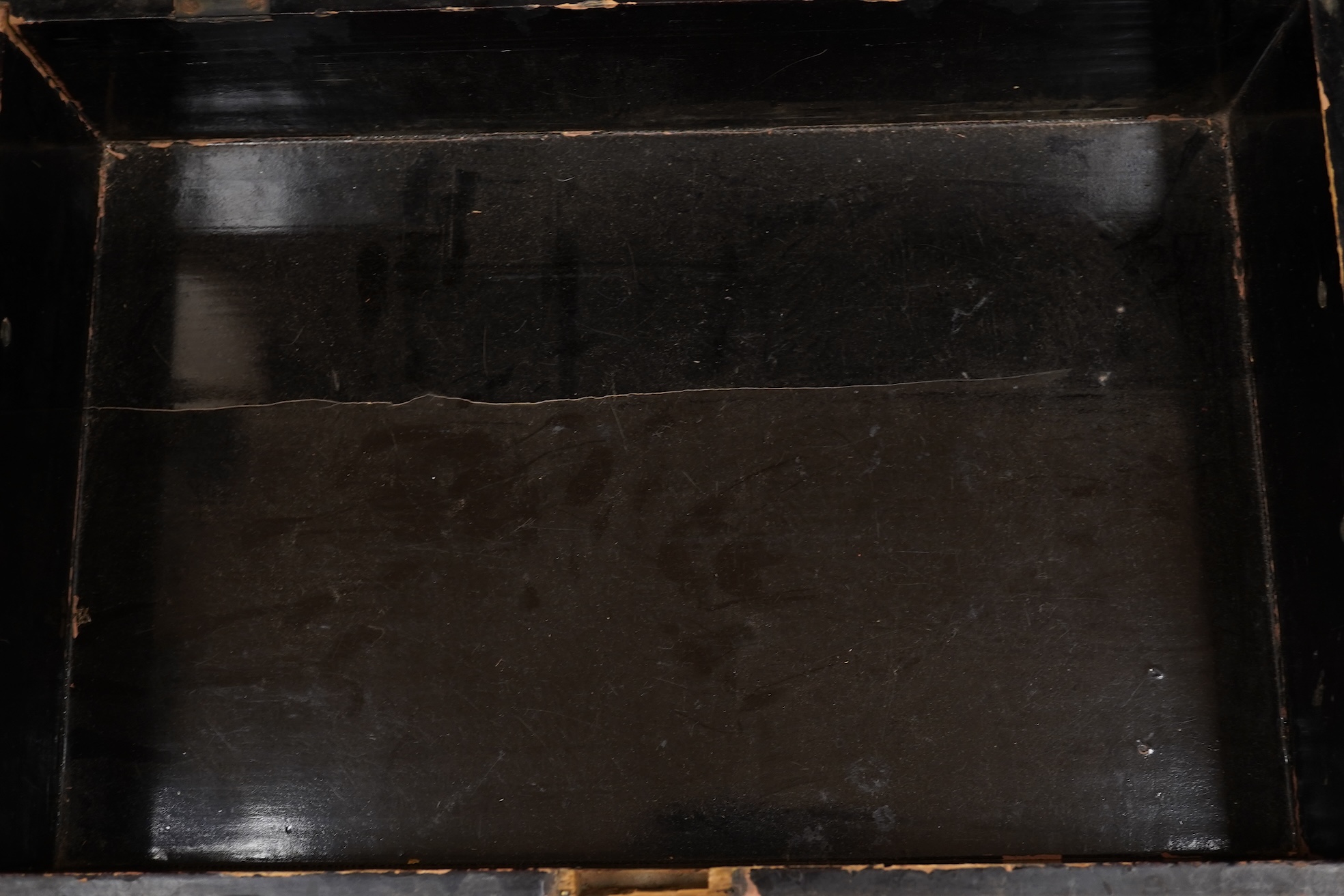 Two 19th century Chinese export lacquer boxes, to include a hexagonal example with front drawer and key, 36cm wide x 28cm deep x 16cm high